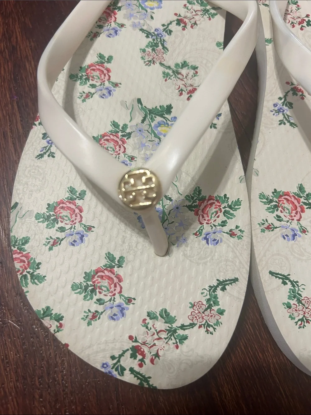 Tory Burch White Floral Logo Flip Flops with Gold Logo Medallions